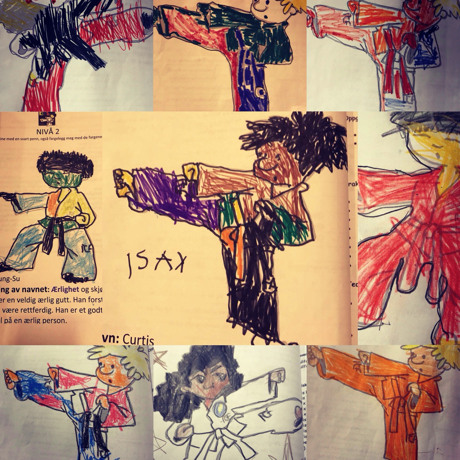 En collage av barnetegninger av Taekwon-Do-utøvere