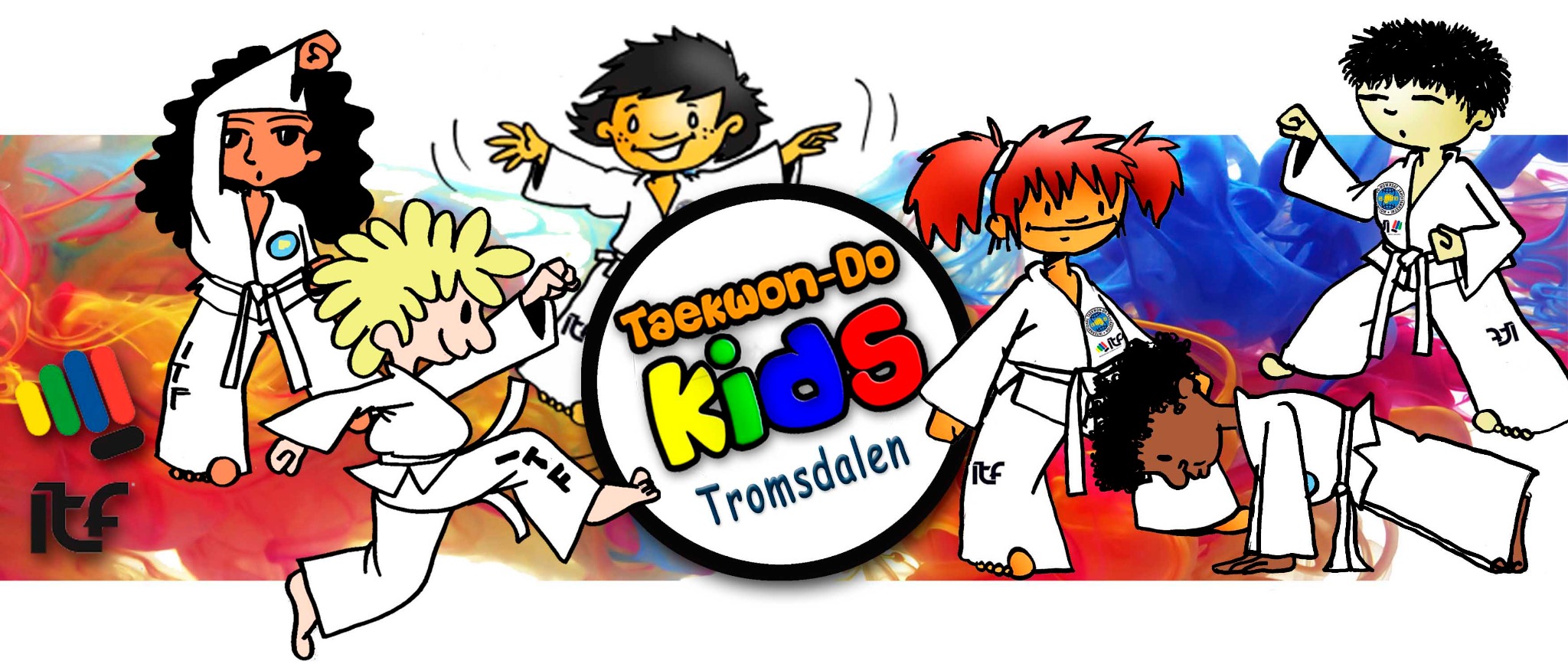 Illustrert banner for Taekwon-Do Kids Tromsdalen med barn i dobok
